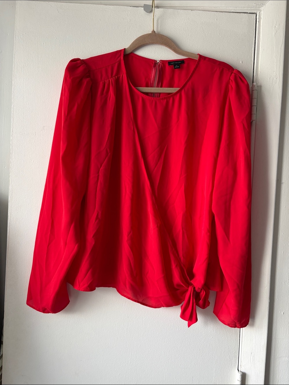 Ann Taylor Red Long-Sleeve Blouse with Side Tie